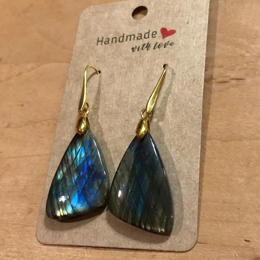 Outstanding Flashy “Butterfly Wings” Labradorite 14K Plated Earrings - Picture 3 of 3